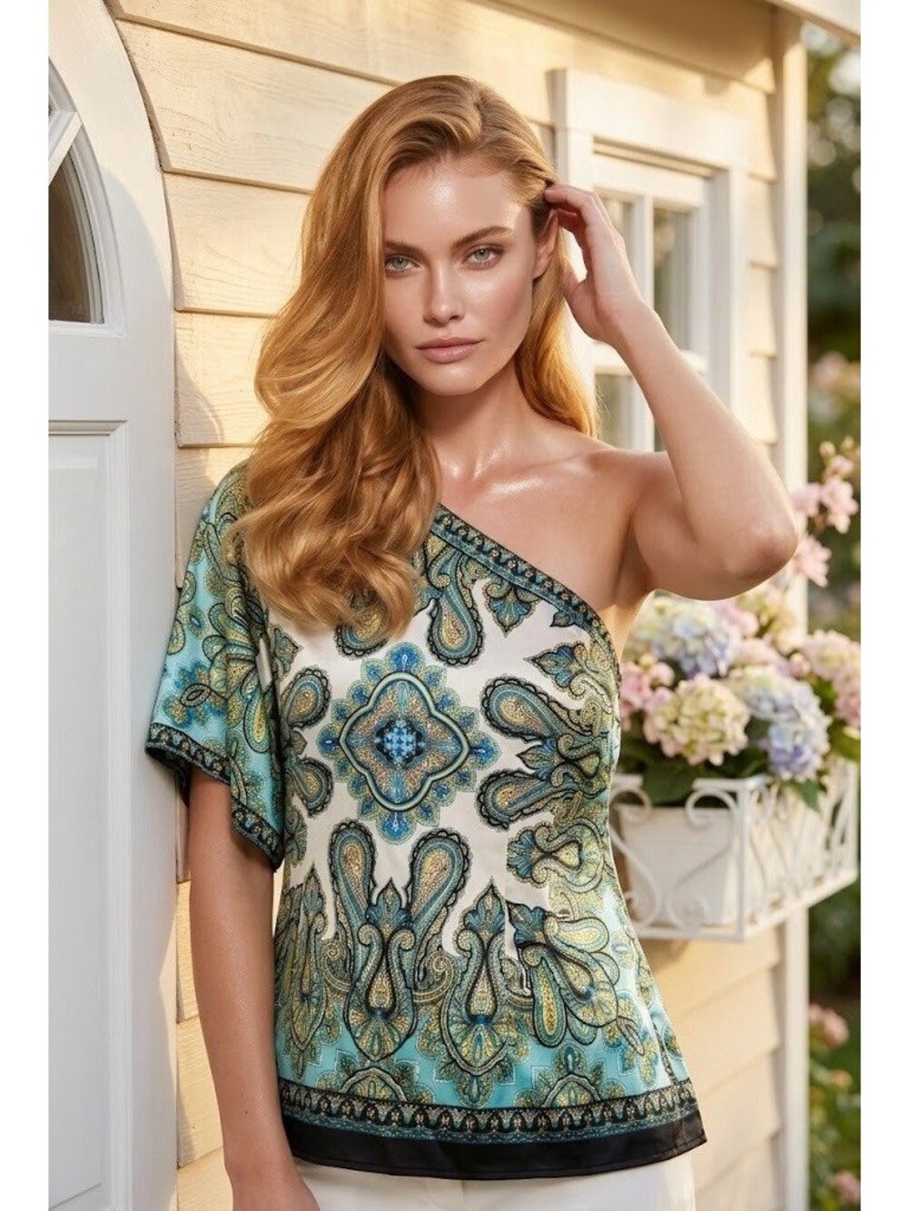 Caché One-Shoulder Top Paisley Satin Top 3/4 Bell Sleeve Black Gold